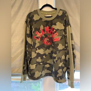 Champion Men’s Olive Green Camo Crewneck with Red Lettering, Size XL